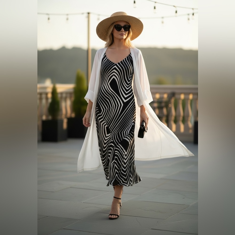 Wallis Black & White Geometric V‑Neck Maxi Dress